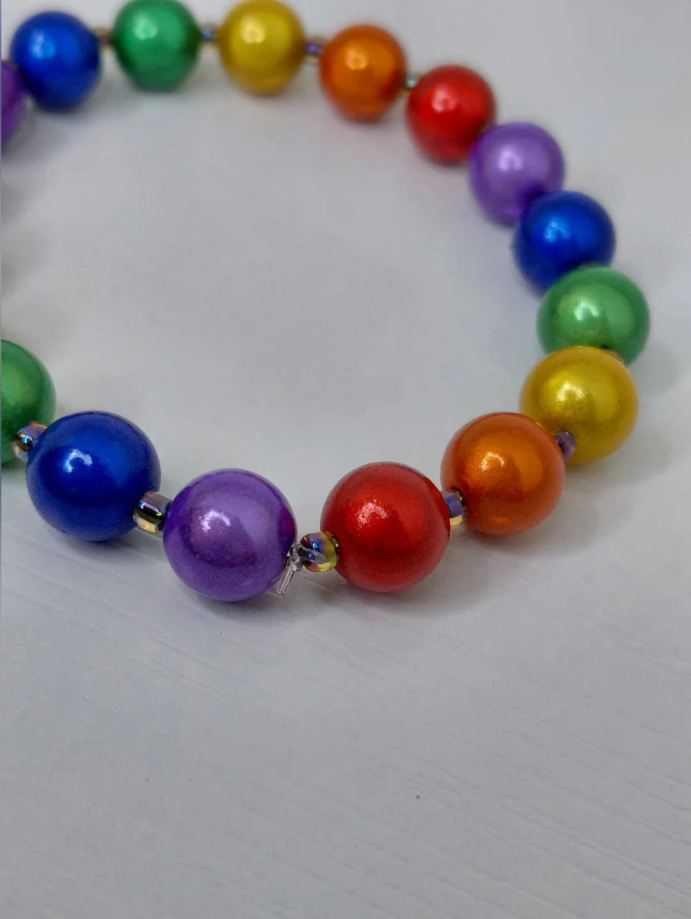 Hand Crafted Bright Rainbow Pearl Bead Stretch Bracelet 7.75 Inch